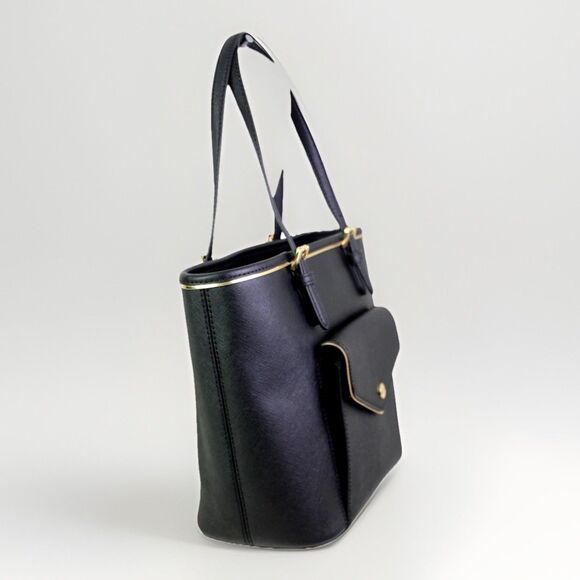 MICHAEL KORS Jet Set Large Saffiano Leather Black Pocket Tote Gold Trim Bag - Picture 4 of 13